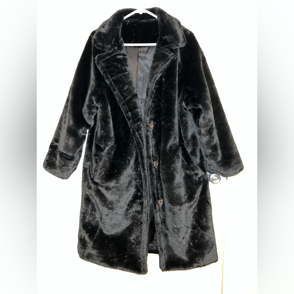 SHEIN Lapel Collar Fuzzy Coat Black - Size Large